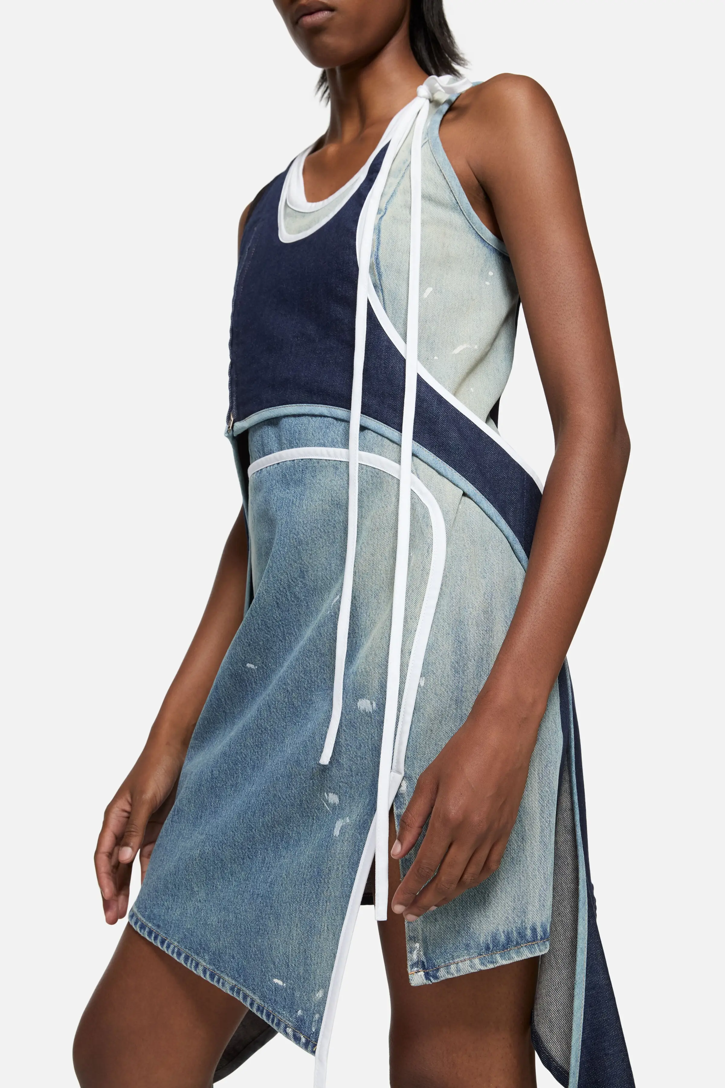 Asymmetrical Denim Mini Dress. Ties hanging loose.