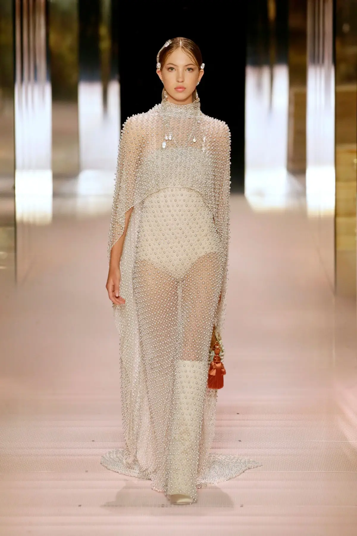 Fendi Couture, Spring 2021. Sheer layers, column silhouette.