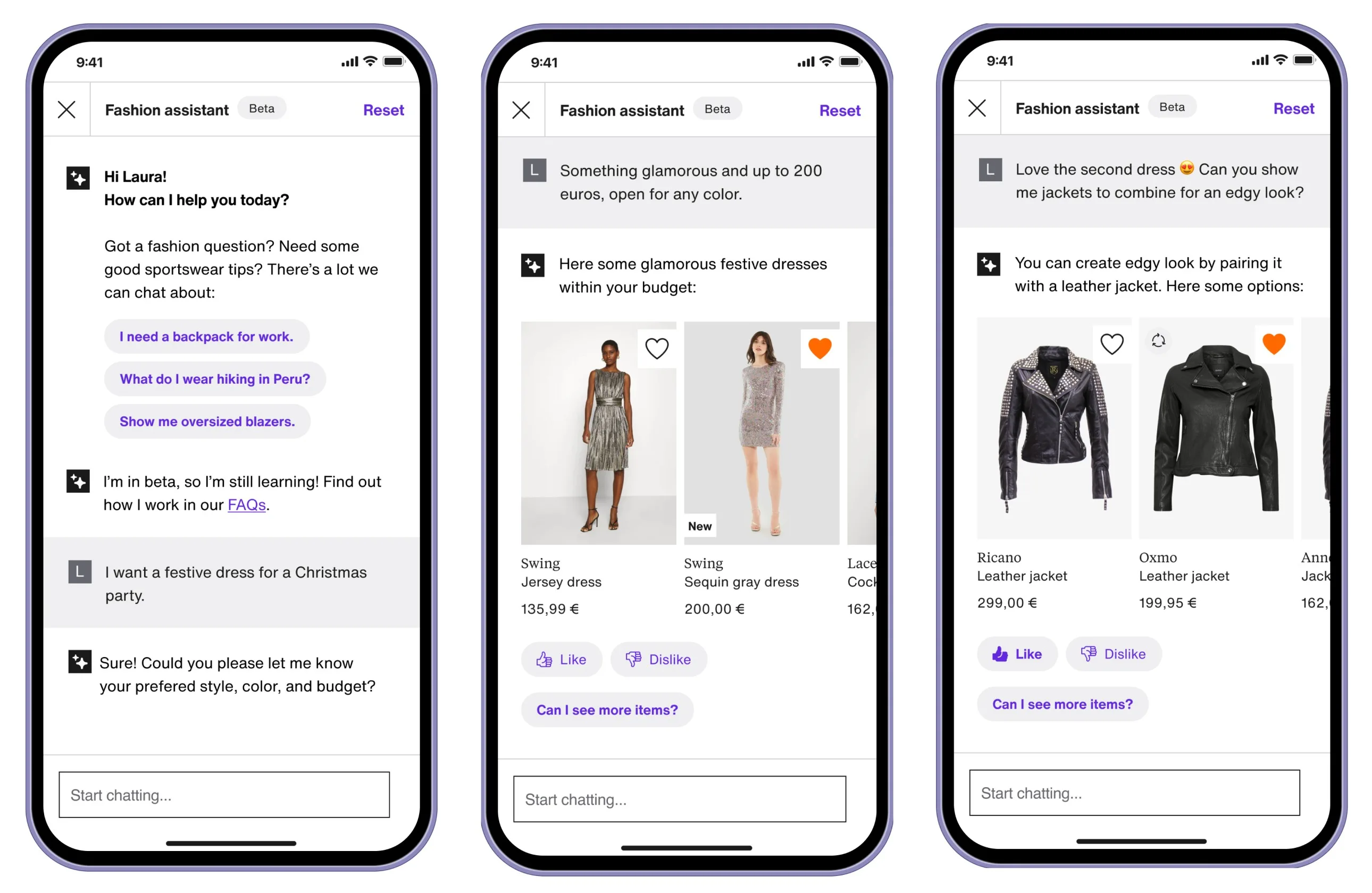 Three phone screens of the Zalando fashion assistant. A shopper asks for a festive dress up to 200 euros and gets dresses back, then asks for jackets to go with one.