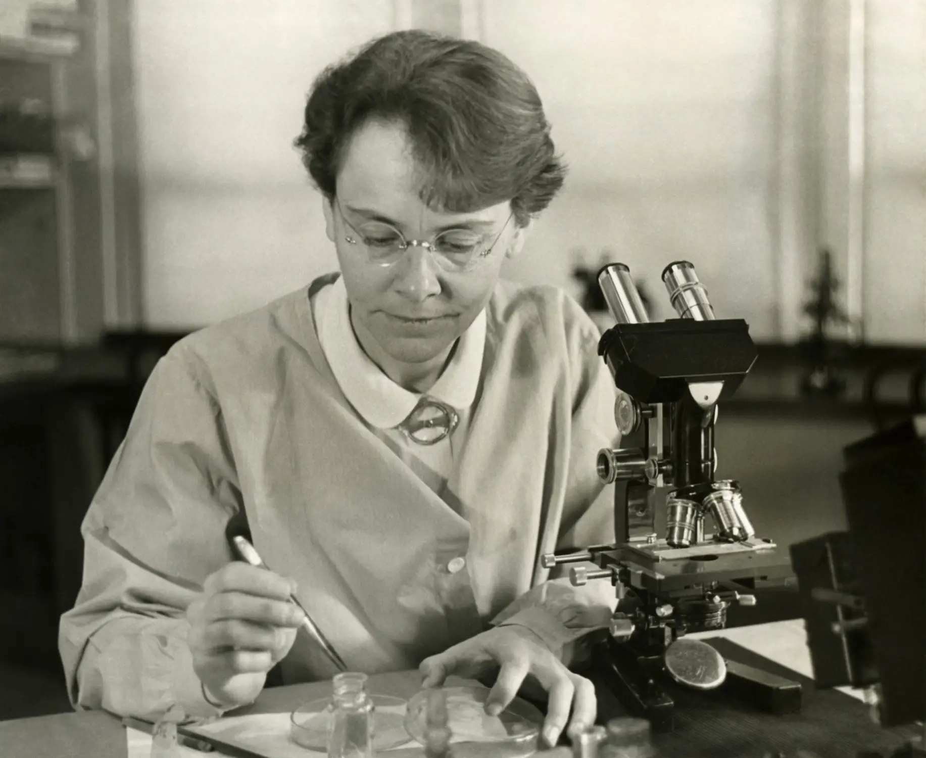 Geneticist Barbara McClintock in her lab at Cold Spring Harbor, 1947. She later won a Nobel Prize.