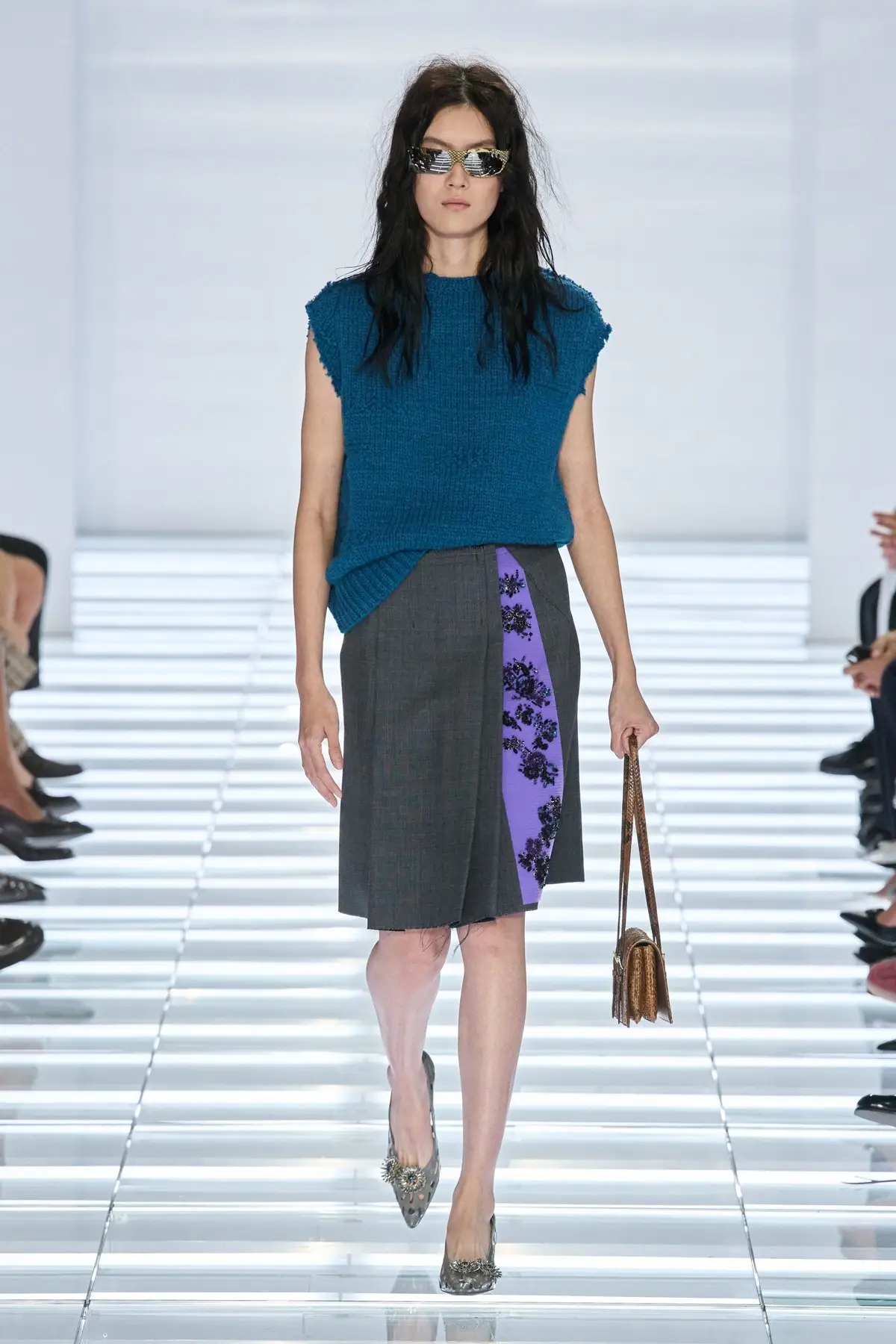 Look 11. Grey wrap with a purple embroidered band.
