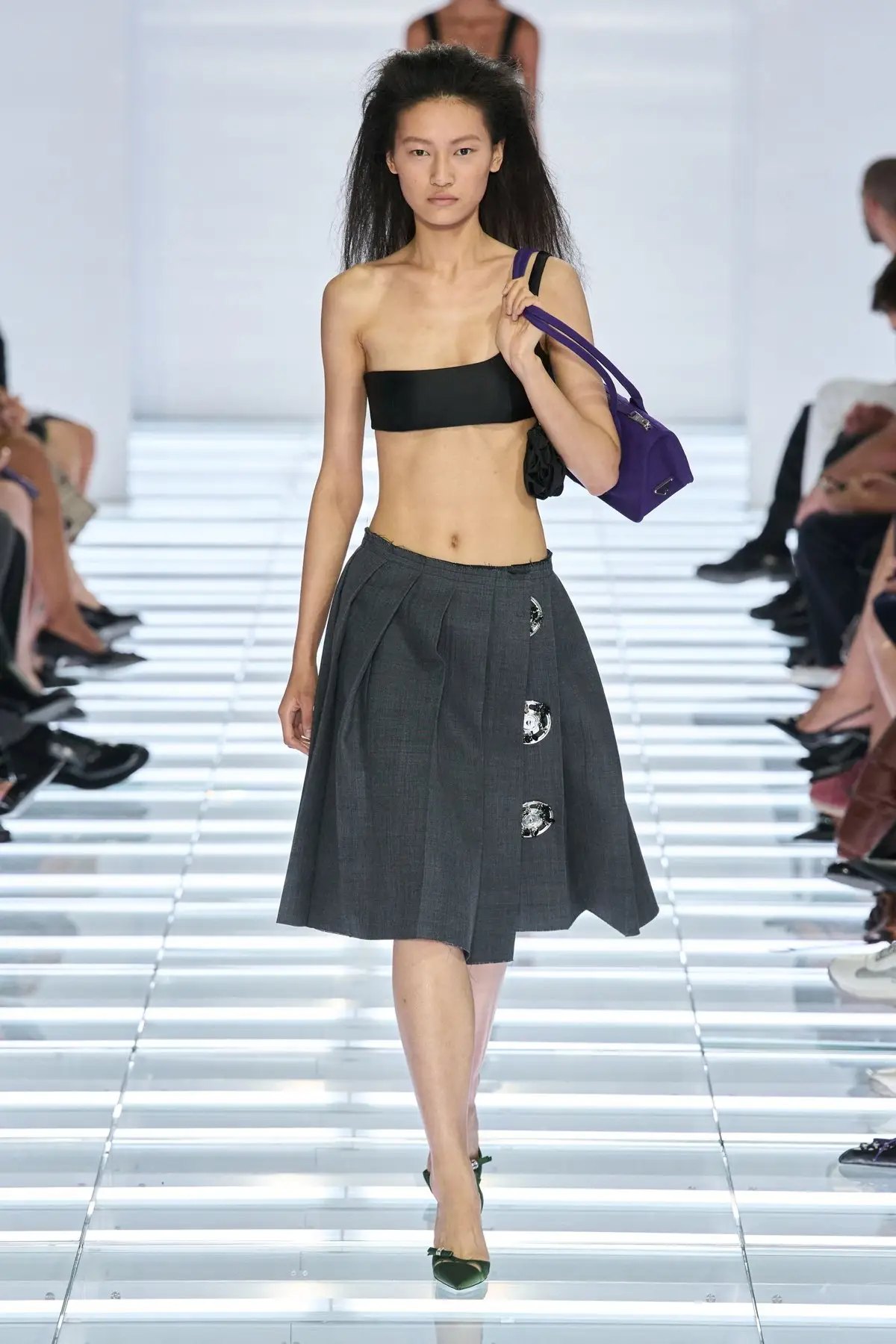 Look 60. Grey skirt with big press studs, black bandeau.