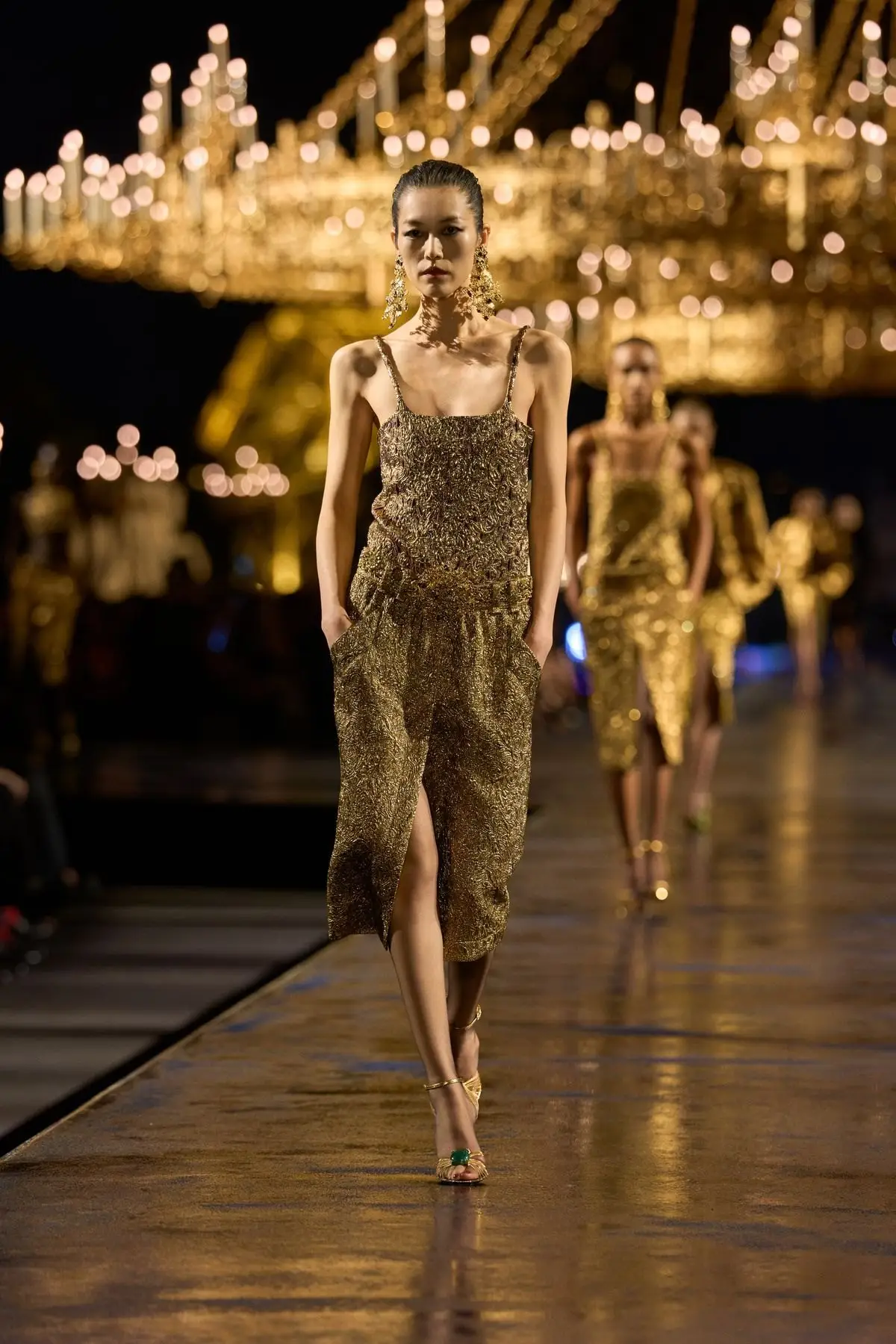 Look 45. Gold slip dress.